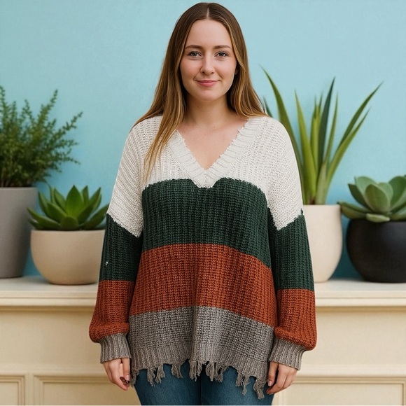 NEW Andree by Unit Striped Raw Hem V-Neck Long Sleeve Comfy Fall Sweater Size 1X - Picture 1 of 10